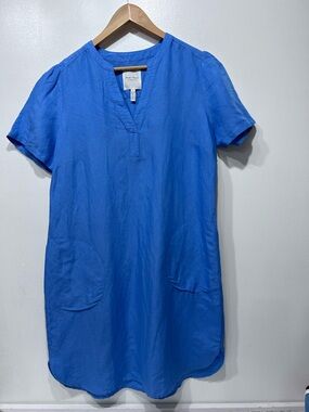 Part Two Blue Linen Blend Shift Dress V-Neck Short Sleeve Pockets Size M (EU 40)
